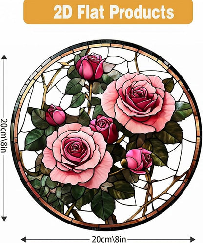 Valentine's Day SunCatcher Ornament for Stained Glass Window Hanging Pink Rose Romantic Valentine's Window Suncatchers Round Garden Ornaments Decor for Wife Women Girlfriend Gift