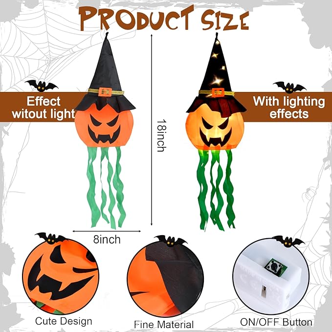 Halloween Decorations Outdoor, 4 PCS Hanging Lighted Glowing Pumpkin Witch Hat with 3 Modes Lighted Up Scary Orange Halloween Decorations for Indoor Outside Party Yard Tree Garden, 24Inch