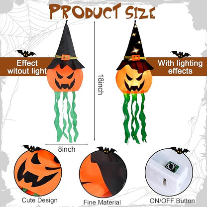 Halloween Decorations Outdoor, 4 PCS Hanging Lighted Glowing Pumpkin Witch Hat with 3 Modes Lighted Up Scary Orange Halloween Decorations for Indoor Outside Party Yard Tree Garden, 24Inch
