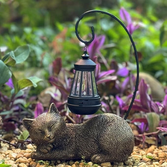 Solar Garden Statue with LED Lights - Cute Sleep Cat Sculpture, Waterproof Resin Ornament for Lawn, Patio, Yard, Balcony & Home Decor, Solar Powered Light for Outdoor and Indoor Spaces