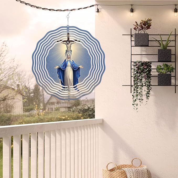 Religious Cross Jesus Wind Spinner, Metal Wind Spinners Outdoor Indoor, Virgin Mary Garden Decor for Outside, Stainless Wind Spinners for Yard and Garden 10 inch 3D (25.76X25 CM)