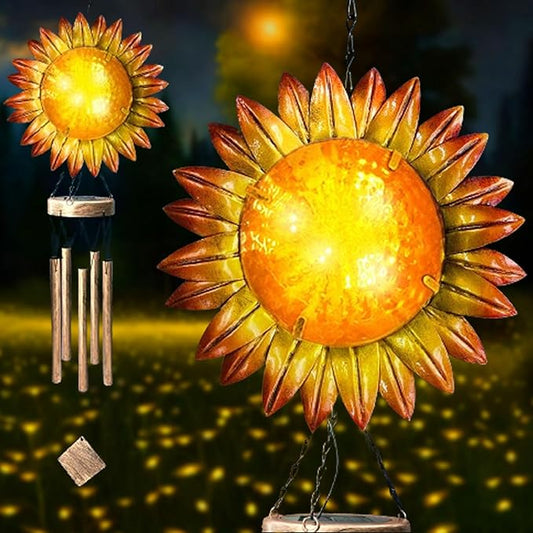 Solar Wind Chimes for Outside, 39.4" Sunflower Wind Chimes Outdoor Solar Lights Waterproof Hanging Garden Decorative Sunflower Lights for Yard Patio Memorial Gift
