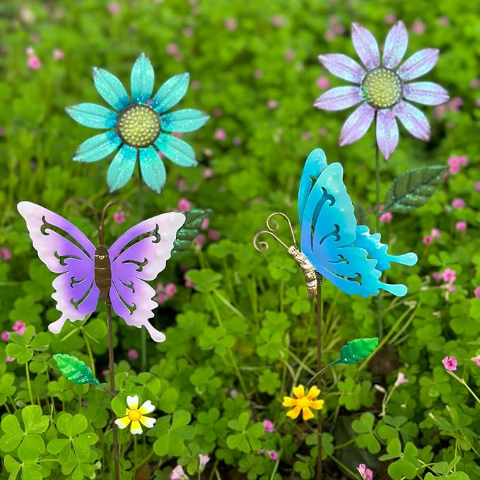 Metal Flowers for Outside, 16.15" 4-Pack Metal Colorful Butterfly & Flower Decorative Garden Stakes for Spring Garden Decor, Shaking Head Yard Art Decorations for Patio Lawn Ornaments
