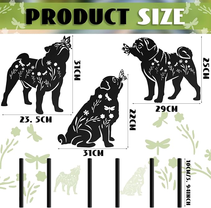 MorningRo 3 Pcs Pug Dog Metal Garden Decor for Outside 12" Pug Puppy Garden Stake Black Silhouette Statues Outdoor Decoration Women Men Dog Lovers Spring Patio Lawn Yard Art