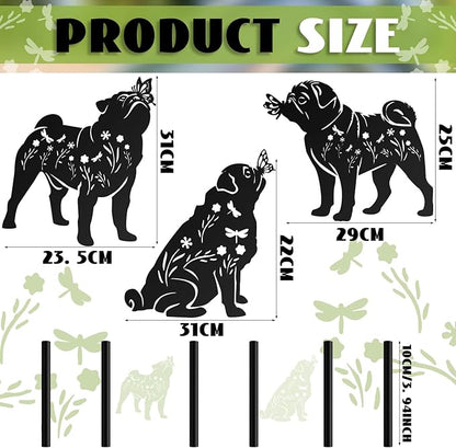 MorningRo 3 Pcs Pug Dog Metal Garden Decor for Outside 12" Pug Puppy Garden Stake Black Silhouette Statues Outdoor Decoration Women Men Dog Lovers Spring Patio Lawn Yard Art