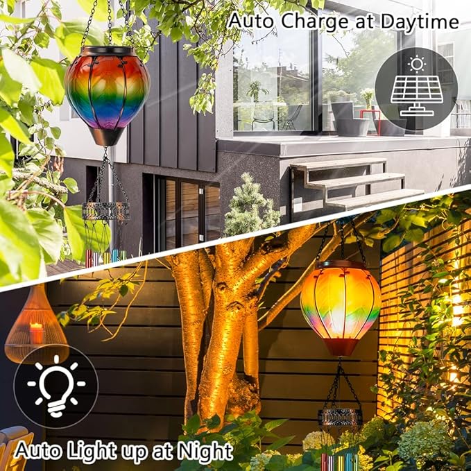 Starsoul Solar Wind Chimes for Outside, Colourful Hot Air Balloon with Flickering Flame Solar Wind Chime, Glass Windchimes Outdoors Garden Decor, Gift for Mother's Day Mom Grandma