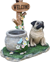 Solar Light Animal Outdoor Statue Planter with Welcome Sign, Resin Garden Sculpture Flower Pot for Patio Lawn Porch Yard Courtyard Decor, Weather-Resistant Decorative Figurine Accent (N)