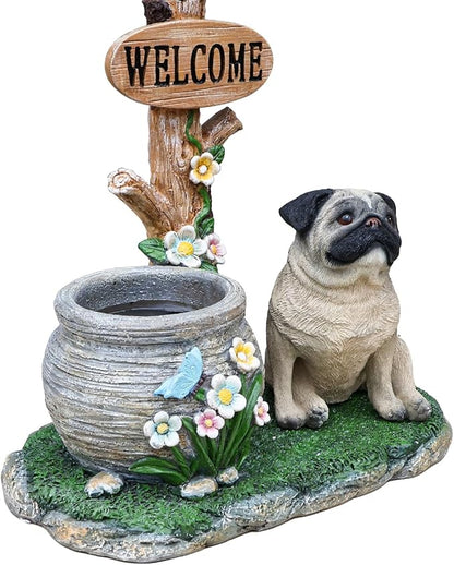 Solar Light Animal Outdoor Statue Planter with Welcome Sign, Resin Garden Sculpture Flower Pot for Patio Lawn Porch Yard Courtyard Decor, Weather-Resistant Decorative Figurine Accent (N)