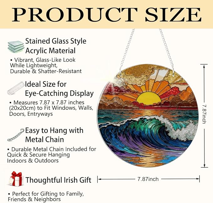 Ocean Waves Suncatcher for Windows Hanging, Coastal Sunset Sunshine Sun Catchers Indoor Window Door Decoration, Round Wall Hanging Decor, Beach House Decor, Home Decors, Housewarming Gift
