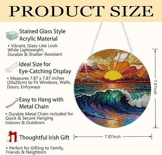 Ocean Waves Suncatcher for Windows Hanging, Coastal Sunset Sunshine Sun Catchers Indoor Window Door Decoration, Round Wall Hanging Decor, Beach House Decor, Home Decors, Housewarming Gift