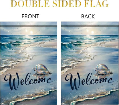 Welcome Summer Coastal Garden Flag Double Sided 12 x 18 Inch Beach Coastal Coral Starfish Shell Sea Horse Yard Outside Decorations Nautical Seasonal Burlap Outdoor Small Home Decor