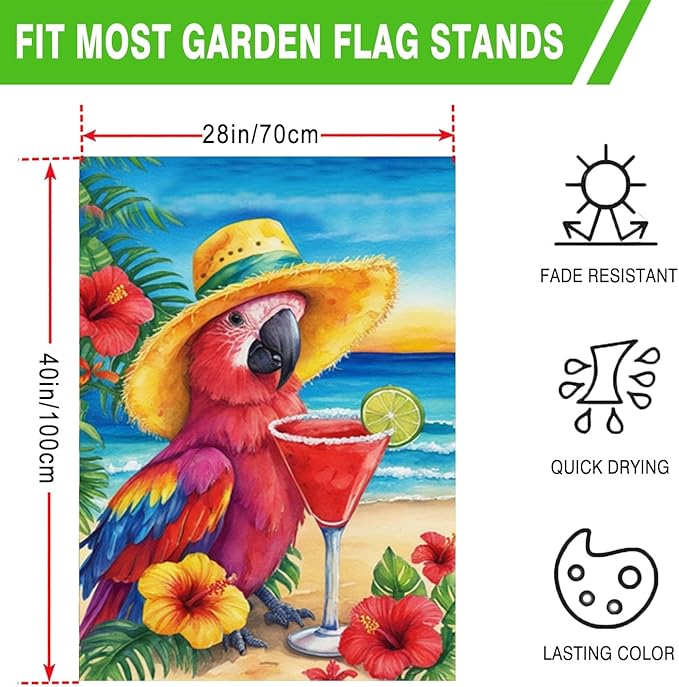 Summer Tropical Parrot House Flag 28x40 Inch Double Sided Outside, Colorful Beach Yard Decor Large Burlap Garden Flag for Outdoor Holiday Decoration