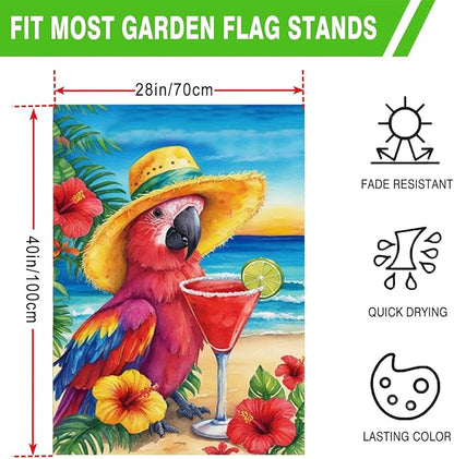 Summer Tropical Parrot House Flag 28x40 Inch Double Sided Outside, Colorful Beach Yard Decor Large Burlap Garden Flag for Outdoor Holiday Decoration