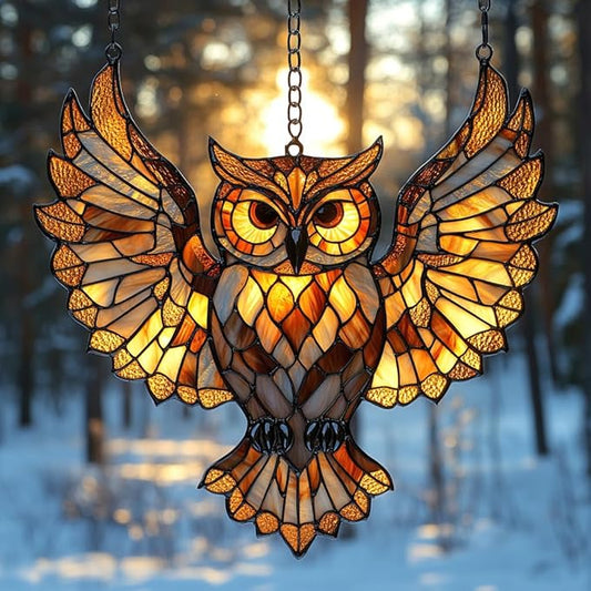 Owl Faux Tiffany Acrylic Suncatcher Stained Glass Effect Window Car Hanging Christmas Ornament Indoor Outdoor Decor Garden Sun Catcher Panel for Owl Lover for Women Mom Grandma