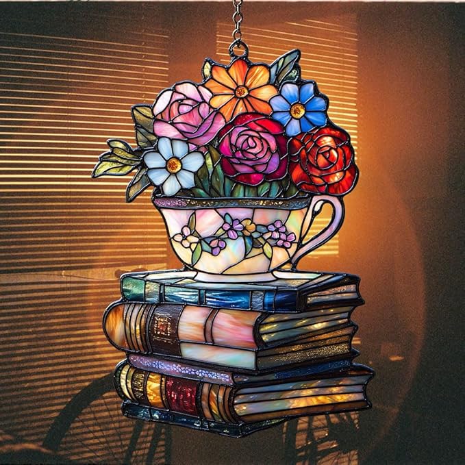Floral Tea Cups Acrylic Suncatcher Stained Glass Effect Window Car Hanging Christmas Ornament Indoor Outdoor Decor Garden Sun Catcher Panel for Boba Tea Lover for Women Mom Grandma
