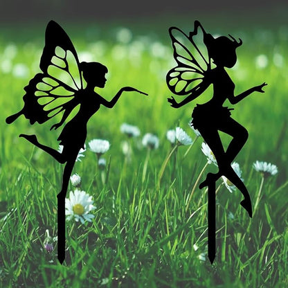 Garden Stake Metal Outdoor Decoration - Fairy With Magic Garden Stakes Outdoor Garden Decor Fairy Art Lawn Garden Silhouette Black Fairy Silhouette Stake for Yards, Gardens Spring Decor - Set of 2