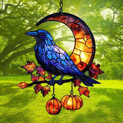 Cresent Moon Pumpkin Raven Acrylic Suncatcher Stained Glass Effect Window Car Hanging Christmas Ornament Indoor Outdoor Decor Garden Sun Catcher Panel for Gothic Lover for Women Mom Grandma