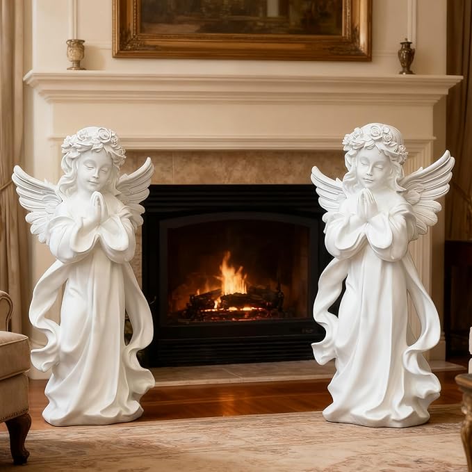 Garden Large-Sized Angel Statue, 25.9 x 12.5 x 10.2 inches, White Resin Outdoor Sculpture, Floor Mount Home Living Room Decoration