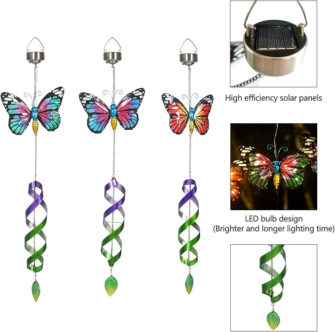 Asense 3 Pcs Hanging Butterfly Wind Spinners with Light Home Garden Decor, Patio Yard Backyard Outdoor Art Outside Decorations Metal Wind Chimes Gifts for Lawn Hanging Pinwheels Crafts Ornaments