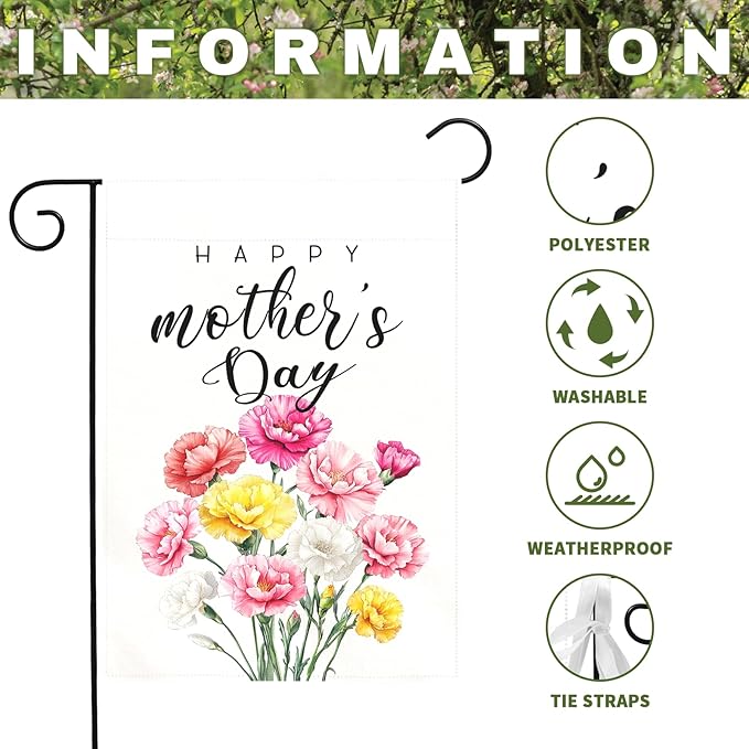 Happy Mother’s Day Garden Flag Floral Carnation Yard Flag for Mom Elegant Spring Flower Outdoor Decor Mothers Day Gift Garden Lawn Porch Patio Double Sided Welcome Flags 12x18 Inch