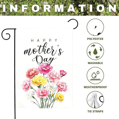 Happy Mother’s Day Garden Flag Floral Carnation Yard Flag for Mom Elegant Spring Flower Outdoor Decor Mothers Day Gift Garden Lawn Porch Patio Double Sided Welcome Flags 12x18 Inch