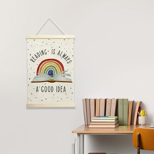 NQDWX Reading Is Always a Good Idea Hanging Flag - Book Lover's Wall Decor for Library Study Room Reading Nook, 12x17 Inches Canvas Banner with Wood Frame. (103)