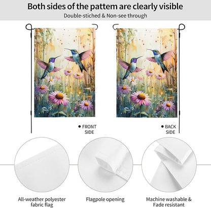 Hummingbirds and Flowers Garden Flags 12×18 Inch Spring Summer Double Sided Decorative Yard Banner Seasonal Flag for Outdoor Outside Decor