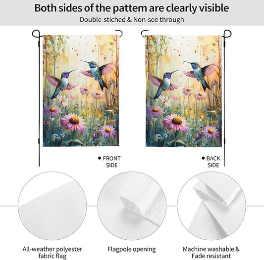 Hummingbirds and Flowers Garden Flags 12×18 Inch Spring Summer Double Sided Decorative Yard Banner Seasonal Flag for Outdoor Outside Decor