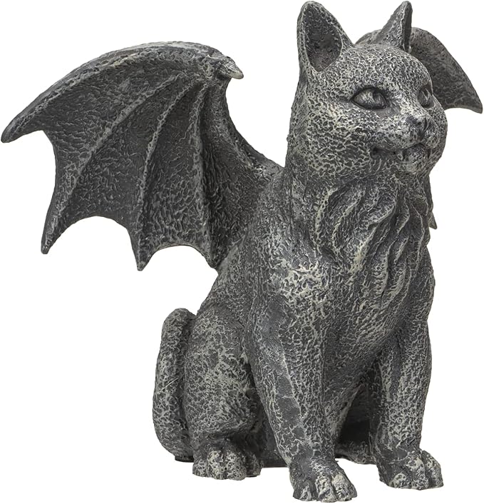 6.75” Faux Stone Gothic Winged Gargoyle Cat Fantasy Garden Charcoal Grey Textured Statue