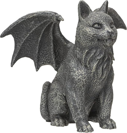 6.75” Faux Stone Gothic Winged Gargoyle Cat Fantasy Garden Charcoal Grey Textured Statue