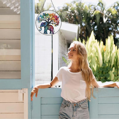 Elephant Tree Stained Glass Window Hanging Boho Animal Sun Catcher Decor Birthday Gifts for Women Christmas Elephant Suncatchers for Home Windows Hanging Decoration, 7.87inch