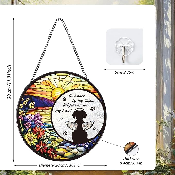 Dog Stained Glass Window Hanging, Animal Catchers Indoor Window Gifts for Loss of Dog Sympathy Remembrance, Angel Wings Pet Loss Bereavement Gift for Home Garden Doors Christmas