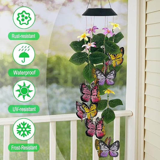 Solar Wind Chimes Outdoor,Colorful Butterfly with Color Changing LED Dangler Mobiles for Outside,Hanging Decoraition for Patio,Porch,Yard,Gifts for Women