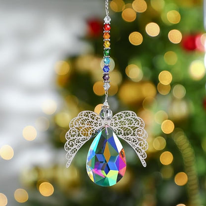 HDCRYSTALGIFTS 14'' Haning Crystal Guardian Angel Suncatcher Glass Angel Ornaments for Christmas Tree Rainbow Maker Prisms Sun Catcher for Window Home Decor (AB Color)