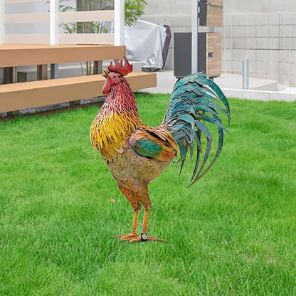 Rooster Garden Statue,12 in 2D Graphic Design Metal Rooster Decor Garden Statue with Stakes,Standing Small Metal Chicken Yard Decor Figurines,Patio Backyard Lawn Home Chicken Sculpture(Not 3D)