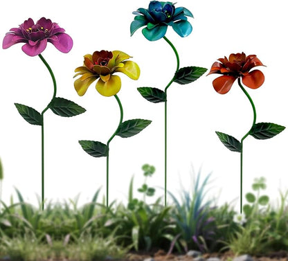 Glow-in-Dark Metal Flowers for Outside, 4 Pack Garden Stakes Waterproof, Angela Roses Yard Art, Decorative Garden Stakes for Lawn, Planters, Porch and Pathway