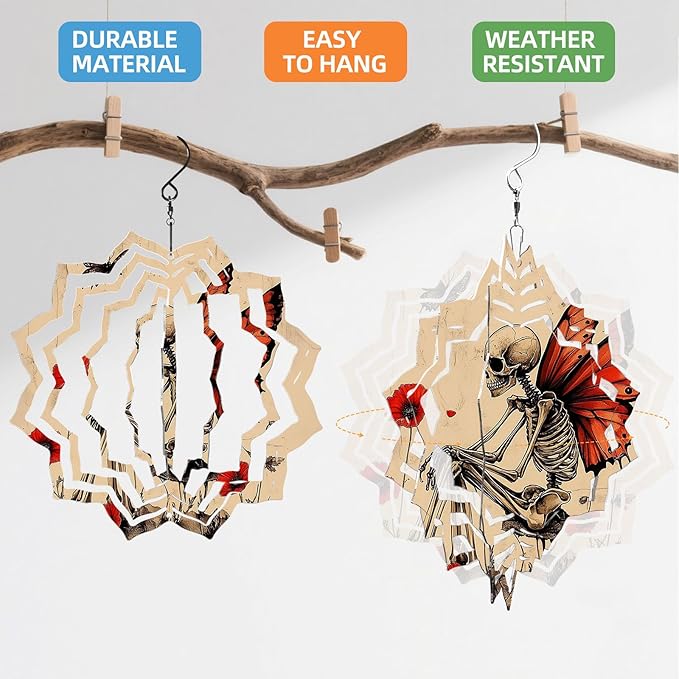 8 Inch Sublimation Wind Spinner, 3D Aluminum Metal Wind Spinner with Hook, Indoor Yard Garden Hanging Decoration, Weather Resistant Rotating Spiral Ornament, Skeleton with Butterfly Wings