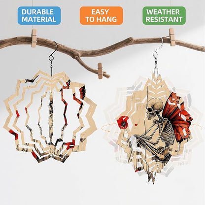 8 Inch Sublimation Wind Spinner, 3D Aluminum Metal Wind Spinner with Hook, Indoor Yard Garden Hanging Decoration, Weather Resistant Rotating Spiral Ornament, Skeleton with Butterfly Wings