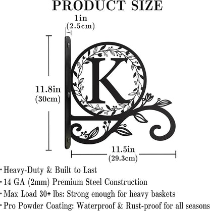 Personalized Initial Metal Plant Hanger Bracket, Decorative Wall Mount Hanging Plant Hook, Monogram Floral Leaf Garden Stake for Hanging Baskets Bird Feeders Lanterns Wind Chime (K)