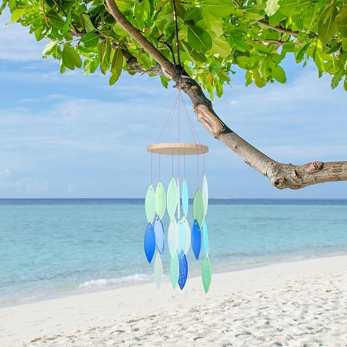 Wenqik Seaglass Wind Chimes Handcrafted Shell Wind Chimes Coastal Outdoor Decor for Indoor Outdoors Garden Home Housewarming Decor Beach Holiday Summer Women Gift, 26 Inch