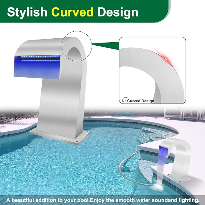 LONGRUN Waterfall Spillway Stainless Steel S-Shaped Pool Fountain, RF & APP Controled Colorful LED Light Pond Waterfalls for Indoor Outdoor Garden Rockery Koi Pond Swimming Pools-12.6" Height