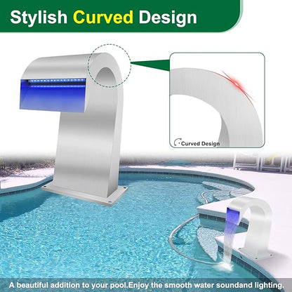 LONGRUN Waterfall Spillway Stainless Steel S-Shaped Pool Fountain, RF & APP Controled Colorful LED Light Pond Waterfalls for Indoor Outdoor Garden Rockery Koi Pond Swimming Pools-12.6" Height