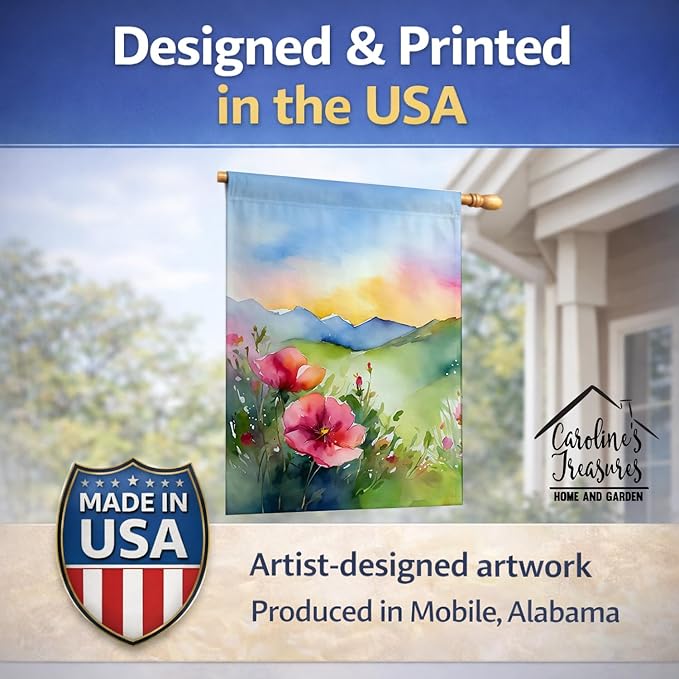Caroline's Treasures North Dakota Wild Prairie Roses in Watercolor House Flag Large Porch Sleeve Pole Decorative Outside Yard Banner Artwork Wall Hanging, Polyester, House Size, Multicolor
