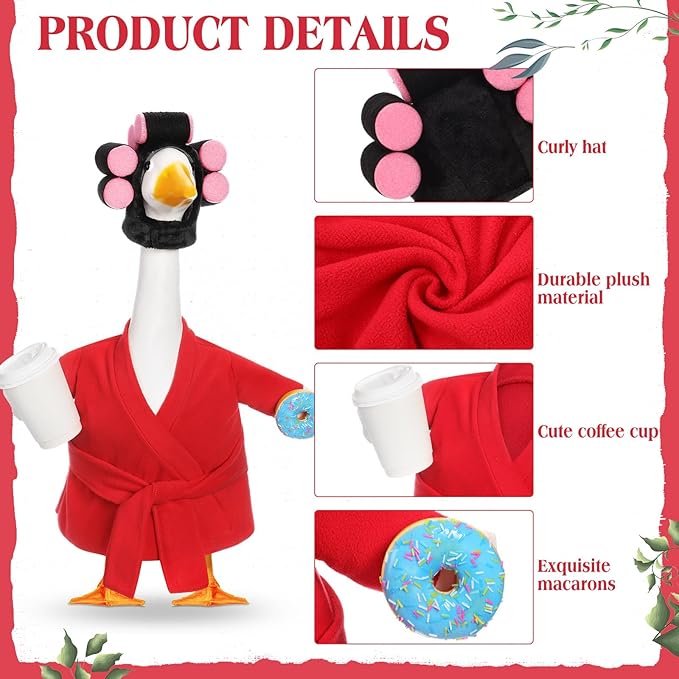 Shyyween Spring Porch Goose Outfits 23 Inch Lady Goose Robe and Curlers Red Pajamas Coffee Cup Cement Concrete Front Porch Geese Clothes Summer Statue Costumes Accessories