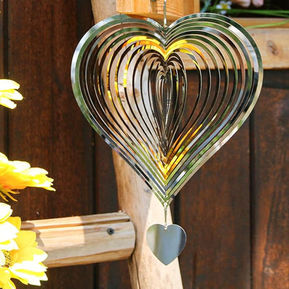 Phuryllic Wind Spinners Outdoor, Garden Decor, Bird Deterrents for Outside, 3D Metal Yard Decorations for Patio & Porch, Unique Gardening Gifts for Women & Moms - 8in Silver Heart