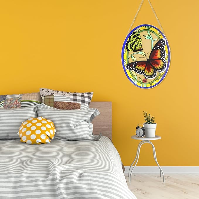 Monarch Butterfly Stained Glass Window Hanging, Butterfly Decorations Gift for Women, Valentine Stained Glass Suncatcher- Window Valentine Decor, Outdoor Hanging for Garden (10.5 inch)