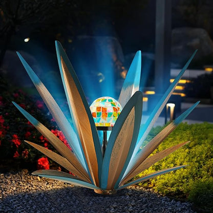 TOMBABY Solar Rustic Garden Style Metal Agave Plants Outdoor Patio, Home Decor Hand-Painted Metal Agave Garden Patio Statues, Suitable for Desert Areas, Outdoor Lawn Decorations (1 Solar Bule)