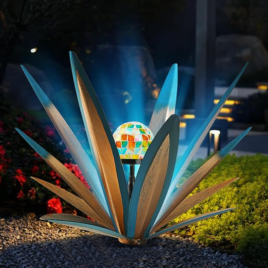 TOMBABY Solar Rustic Garden Style Metal Agave Plants Outdoor Patio, Home Decor Hand-Painted Metal Agave Garden Patio Statues, Suitable for Desert Areas, Outdoor Lawn Decorations (1 Solar Bule)