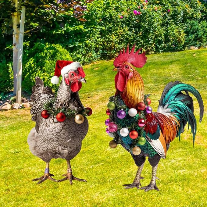 SUPVOX Christmas Rooster Chicken Yard Signs with Stakes 2pcs Metal Xmas Outdoor Yard Chicken Signs Christmas Animal Yard Sign Art Decoration for Lawn Garden Holiday Supplies