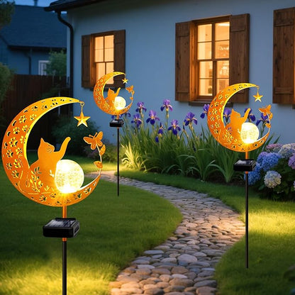 YJFWAL Garden Solar Cat Lights Pathway Stake Lights Glass Globe with Moon Cat Decor, Christmas Gift for Mom Grandma Friends, Outdoor Decor Light Waterproof for Walkway, Patio or Garden (Warm White)